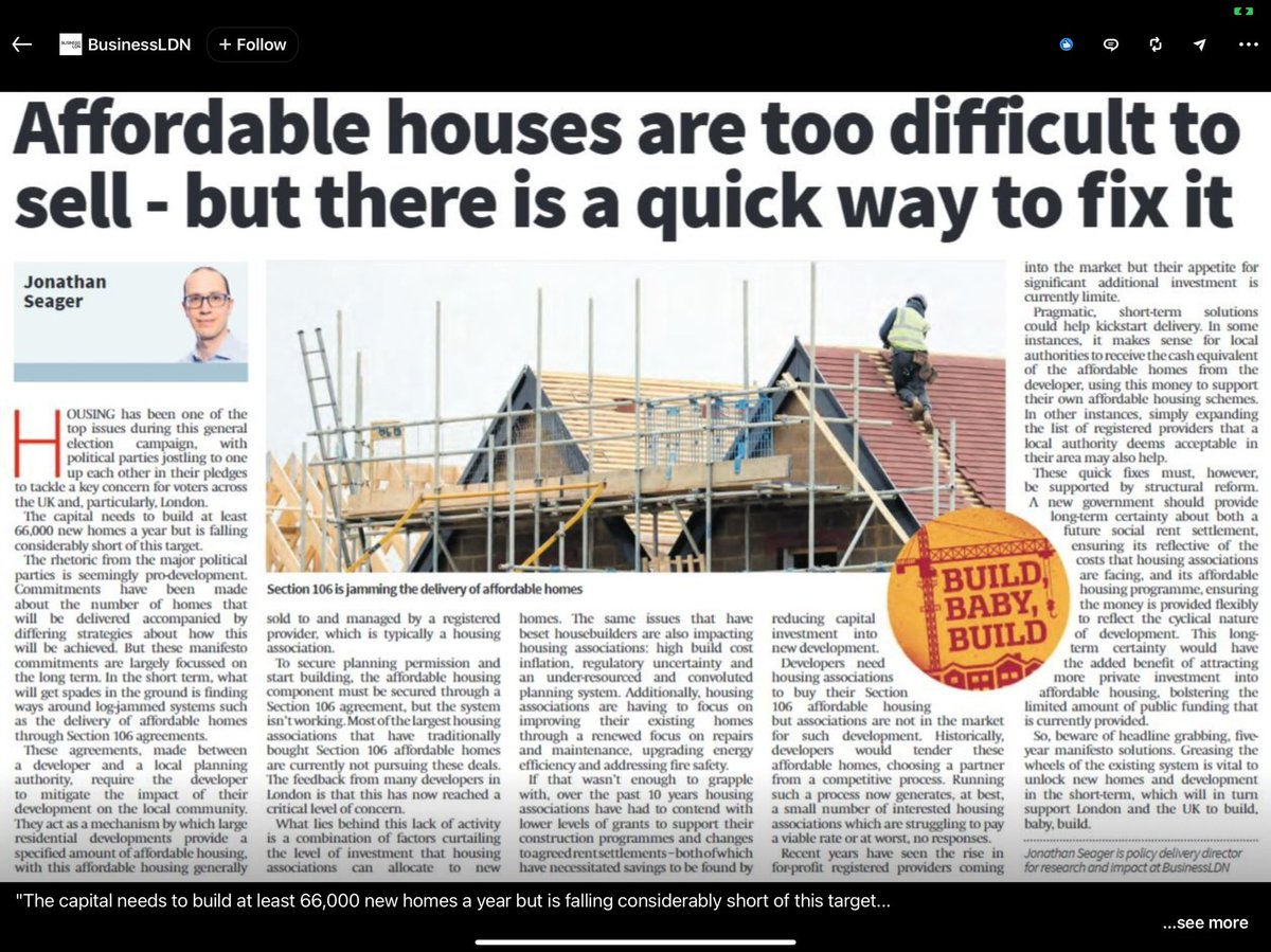 PhilipBarnes_'s tweet photo. Good stuff from @_BusinessLDN on nature and causes of the S106 affordable housing crisis. Antidote to some bad takes out there trying to blame housebuilders for the sudden fall-off in demand for S106 plots which is having such a dramatic adverse impact on supply of all tenures. https://t.co/jVlYLhNbX6