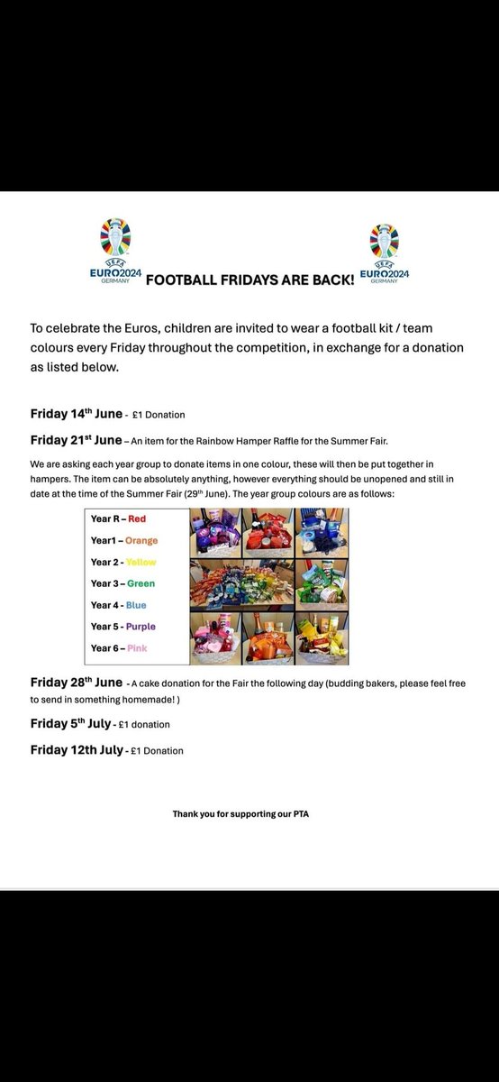 Tomorrow is our penultimate 'Football Friday', children may wear team colours / football kits in exchange for a £1 donation. 
*Year 5/6 must wear school uniform*