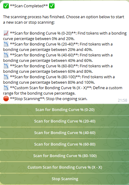 pumpintel's tweet photo. 🚀 Exciting news! Our #PumpIntel bot just got a major update! Now you can scan for custom bonding curve percentages, ranging from 0% to 100%! 🔍

Join our community and start exploring: https://t.co/a1gvTVRPpj

#pumpdotfun @pumpdotfun #telegrambots @DontGetRugged_ https://t.co/DXKqbQa8Sl