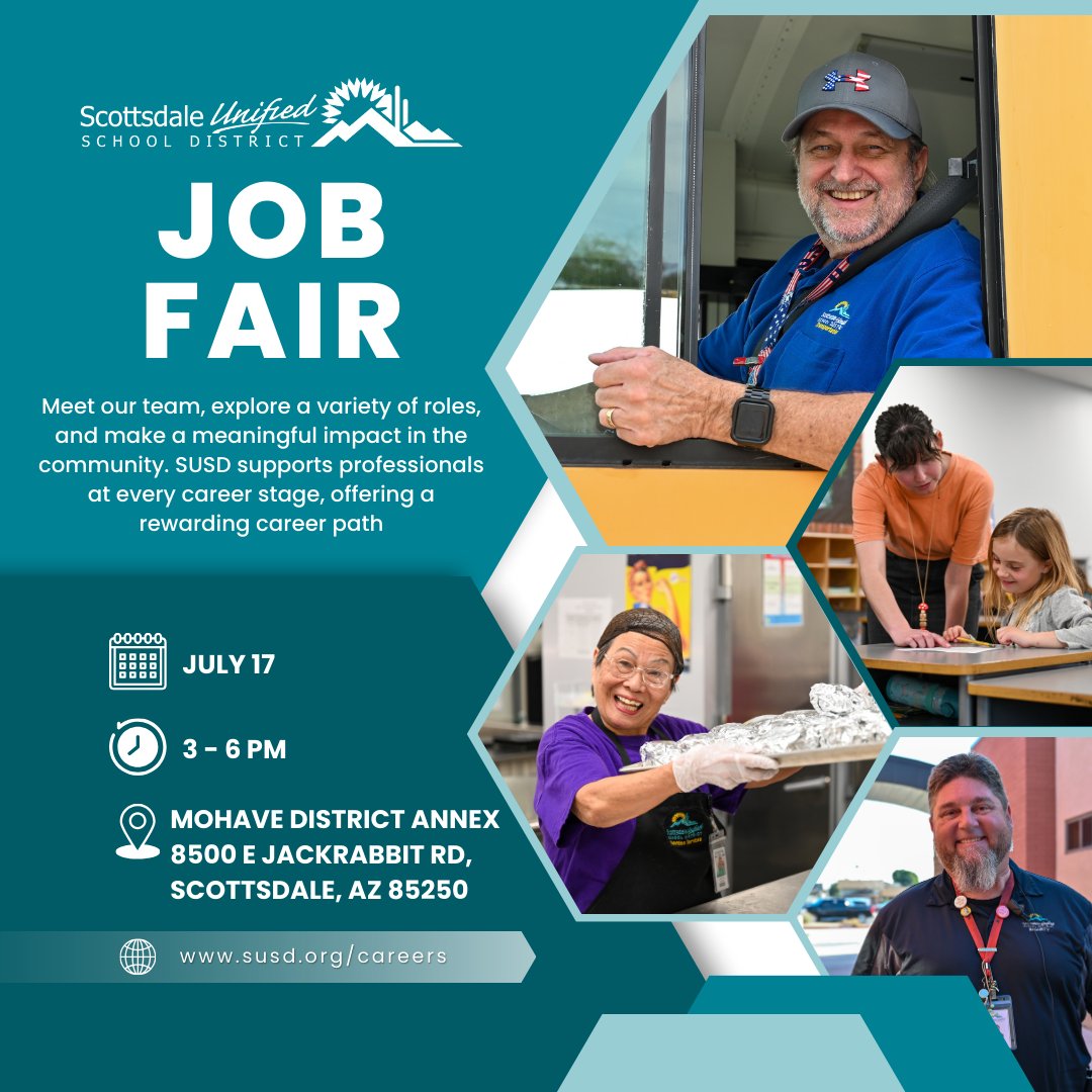 ScottsdaleUSD's tweet image. Mark your calendars!

Join us on July 17th from 3 to 6 PM at the Mohave District Annex. We're hiring for security, nutrition staff, transportation, and more! Explore rewarding career opportunities with SUSD. See you there!

#SUSDJobFair #JoinOurTeam #BecauseKids