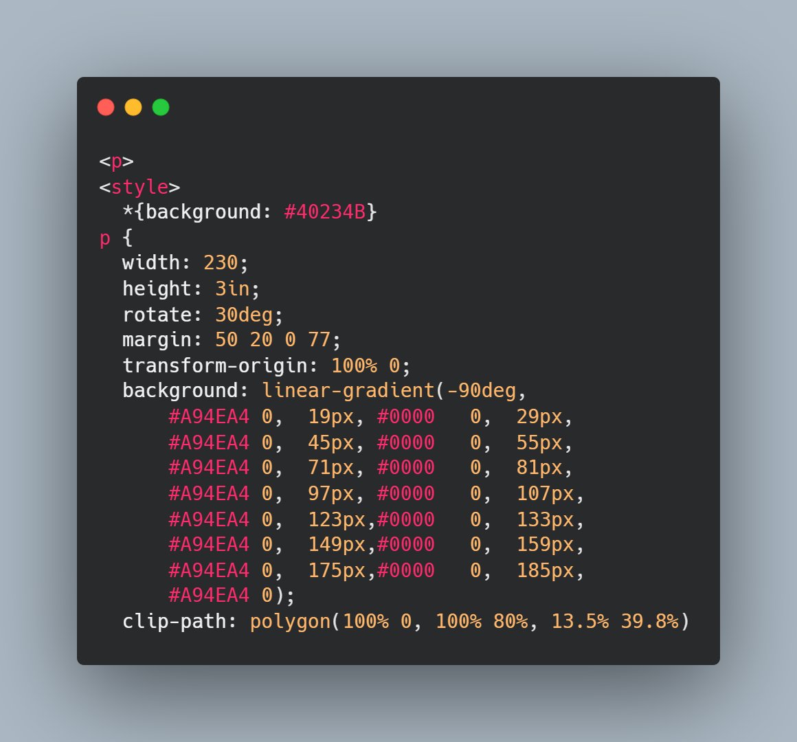 pointerToPixel's tweet image. day 187                                                                             

CSS battle #187- Striped Triangle

#100DaysOfCode #CSS #CSSBattleChallenge