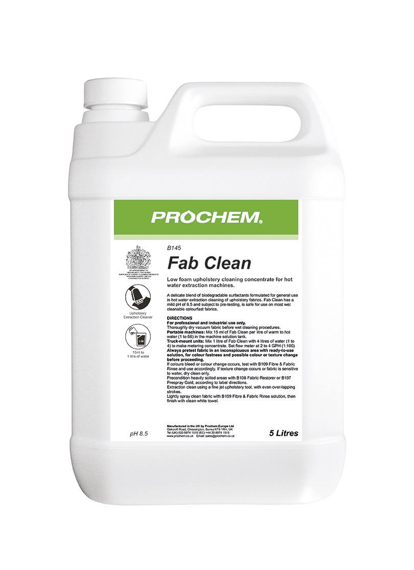 Featured product: Fab Clean ✨
prochem.co.uk/product/fab-cl…

This upholstery fabric extraction concentrate contains a unique blend of low foam biodegradable surfactants and is suitable for use on wet cleanable colourfast fabrics.

Available via our distributors or direct from Prochem.