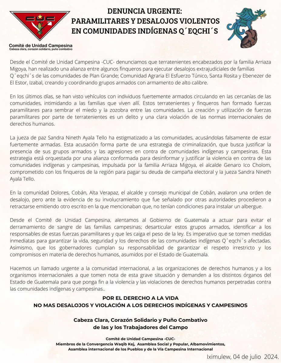 CUCGuatemala's tweet photo. #Comunicado | Denuncia Urgente: Paramilitares y Desalojos Violentos en Comunidades Indígenas Q´eqchi's 

Leer comunicado completo en el siguiente link
https://t.co/KIfXV6bIol

#NoALosDesalojos #DDHH https://t.co/mBhMH9fPpm
