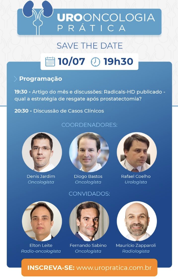 Denis Jardim (@jardim_denis) on Twitter photo After Radicals-HD there is still a lot of questions about adding ADT to salvage Rtx
Join us for this multidisciplinary debate
👉07/10/24 ⏰7:30 pm (GMT-3)
Register online and free at uropratica.com.br
<a href="/RafaelFCoelho2/">Rafael Coelho</a> <a href="/DiogoAssed/">Diogo Assed Bastos</a> <a href="/fsabino_onco/">Fernando Sabino, MD, PhD</a> <a href="/mauzappa/">Mauricio Zapparoli, MD MSc</a> <a href="/docmeetings/">@DocMeetings - Urology</a> After Radicals-HD there is still a lot of questions about adding ADT to salvage Rtx
Join us for this multidisciplinary debate
👉07/10/24 ⏰7:30 pm (GMT-3)
Register online and free at uropratica.com.br
<a href="/RafaelFCoelho2/">Rafael Coelho</a> <a href="/DiogoAssed/">Diogo Assed Bastos</a> <a href="/fsabino_onco/">Fernando Sabino, MD, PhD</a> <a href="/mauzappa/">Mauricio Zapparoli, MD MSc</a> <a href="/docmeetings/">@DocMeetings - Urology</a>