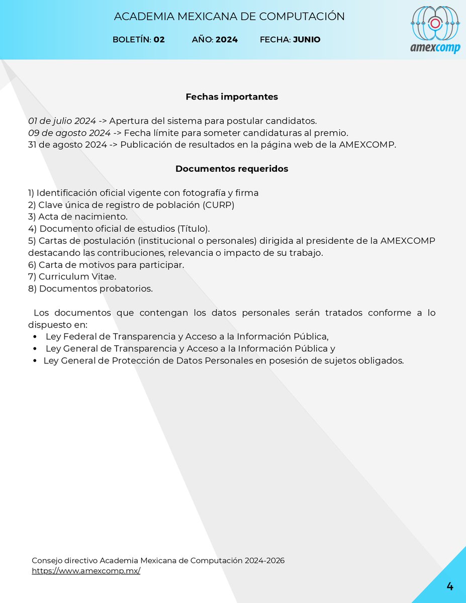 Academia Mexicana de Computación (@amexcompac) on Twitter photo 🫡 <a href="/AmexcompAC/">Academia Mexicana de Computación</a> convoca a participar en el Premio Nacional de Computación 2024🏆🥇
📅Fecha límite para someter candidaturas: 09 de agosto 2024.
👩💻🧑💻La postulación debe realizarse a través de: amexcomp.mx 🫡 <a href="/AmexcompAC/">Academia Mexicana de Computación</a> convoca a participar en el Premio Nacional de Computación 2024🏆🥇
📅Fecha límite para someter candidaturas: 09 de agosto 2024.
👩💻🧑💻La postulación debe realizarse a través de: amexcomp.mx