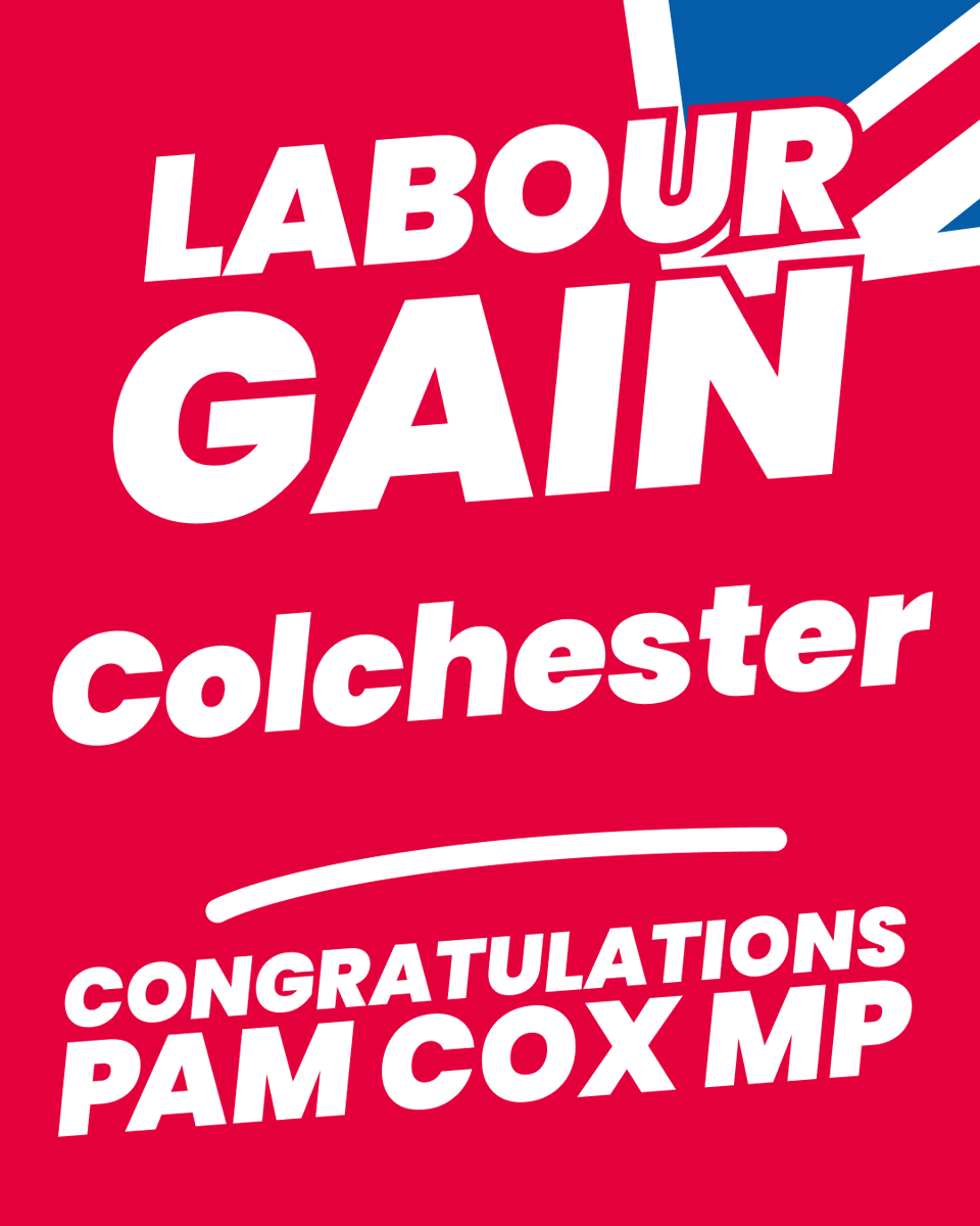UKLabour's tweet photo. Labour GAIN Colchester from the Conservatives 🌹 https://t.co/4fXEf7TrUp
