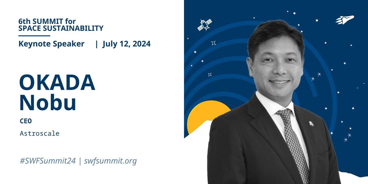 Astroscale (@astroscale_hq) on Twitter photo T-1 week until <a href="/nobuokada/">Nobu Okada (岡田光信)</a> takes the stage at #SWFSummit24!
Nobu will cover critical steps the space sustainability community must take to ensure success in fielding debris remediation capabilities.
Join us in advancing the future of space sustainability! T-1 week until <a href="/nobuokada/">Nobu Okada (岡田光信)</a> takes the stage at #SWFSummit24!
Nobu will cover critical steps the space sustainability community must take to ensure success in fielding debris remediation capabilities.
Join us in advancing the future of space sustainability!