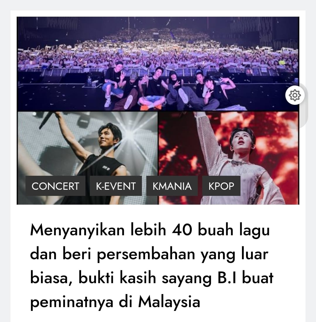 kmaniamy's tweet photo. Min yakin semua fans puas hati hadir ke konsert B.I Hype Up di Kuala Lumpur. @BI_131official memang terbaik la. Sporting habis. Semoga datang lagi nanti
.
Baca selanjutnya ๐ https://t.co/4ssliujlDY
.
#BI #๋น์์ด #HYPEUPinKL #BIinKL #LEO #๋ฆฌ์คI #LofiEntertainment #kmaniamedia https://t.co/rbqd6SPC9L