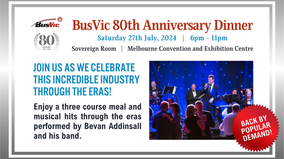 Help us celebrate our 80th Anniversary! 
This fun evening will look back on the achievements of our industry over different eras. Enjoy a sumptuous three course meal and live musical hits from each era.
Registration - busvic.asn.au/node/16184/

#BusVic #BusVic80th #BevanAddinsall