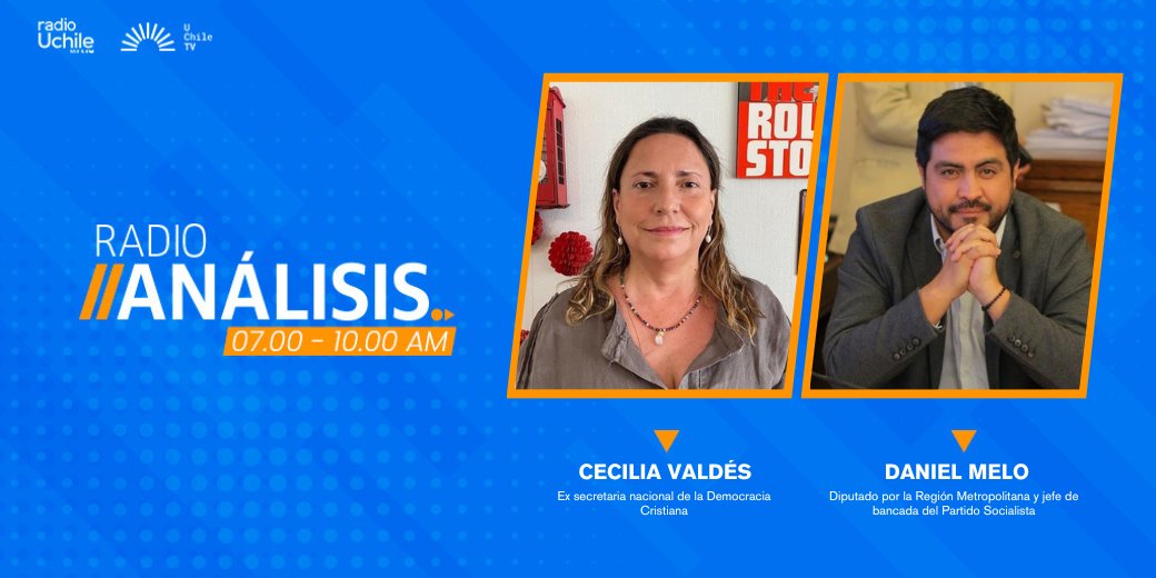 MAÑANA en #Radioanálisis, conversaremos con la ex secretaria nacional de la Democracia Cristiana, <a href="/CeciliaValdes/">Cecilia Valdés León</a>; y con el diputado por la Región Metropolitana y jefe de bancada del Partido Socialista, <a href="/danielmelochile/">Daniel Melo C.</a>.

📻 102.5 FM
💻 radio.uchile.cl