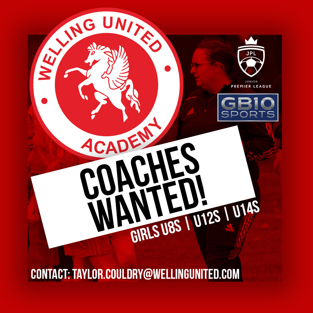 Welling United FC Academy (@fcwelling) on Twitter photo 🚨 COACHES WANTED!
Welling United Academy are looking for talented coaches for our Junior Premier League girls phase:
Saturdays - U12s & U14s
Sundays - U8s
➡️ Coach education & CPDs available
➡️ Paid role
📧Email: taylor.couldry@wellingunited.com
#wearewings #jobsinfootball 🚨 COACHES WANTED!
Welling United Academy are looking for talented coaches for our Junior Premier League girls phase:
Saturdays - U12s & U14s
Sundays - U8s
➡️ Coach education & CPDs available
➡️ Paid role
📧Email: taylor.couldry@wellingunited.com
#wearewings #jobsinfootball