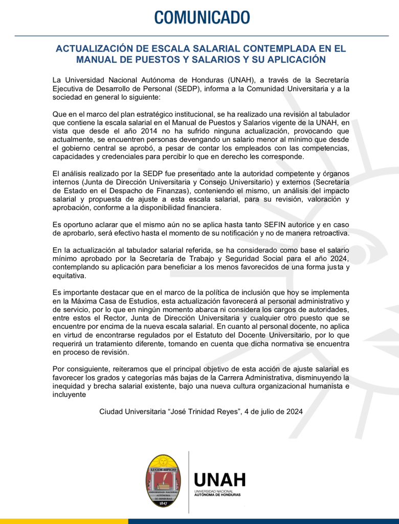 Comunicado sobre la actualización de la escala salarial contemplada en el Manual de Puestos y Salarios de la UNAH y su aplicación.