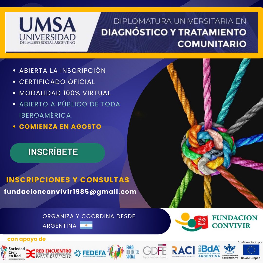 funconvivir's tweet photo. Inscripciones abiertas!
Diplomatura Universitaria en Diagnóstico y Tratamiento Comunitario. Especialízate en el abordaje de problemáticas sociales y trabajo comunitario.

🗓️ Inicio: 15/08/2024  
⏳ Duración: 4 meses  
🌐 Modalidad: Híbrida  

📩 fundacionconvivir1985@gmail.com https://t.co/cgi0vZELEn