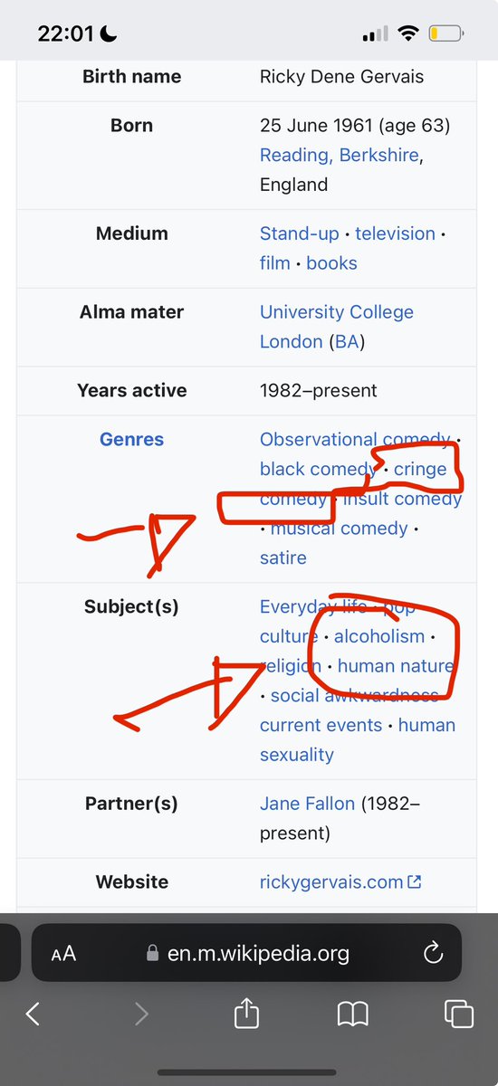 Right, the Wikipedia profile of <a href="/rickygervais/">Ricky Gervais</a> Wikipedia is wild. ‘Cringe’ comedy?? 😂 Also, topics = alcoholism? Really?? No mention of animals when the guy is a sodding legend making a difference to the lives of untold creatures??