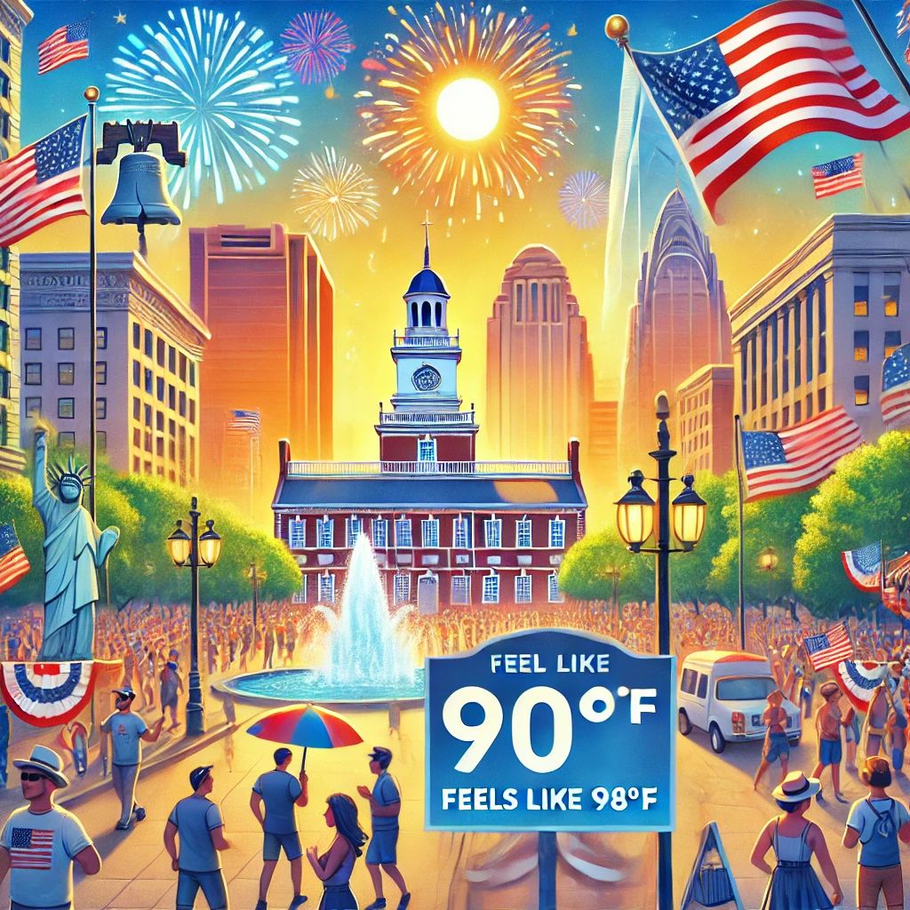 BillHenleyUSA's tweet photo. Happy Independence Day! 🎆 Just like the signing of the Declaration of Independence, yesterday's nice weather with low humidity is history. It’s 90° in Philly, but feels like 98°! #PhillyWeather #IndependenceDay
@nbcphiladlephia @telemundo62 https://t.co/R4xiqYGqjl