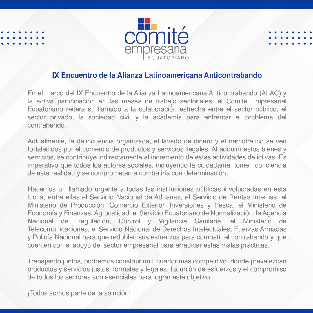 📢 Luego del IX Encuentro de ALAC, el #CEE llama a la colaboración entre sector público, privado, sociedad civil y academia para combatir el contrabando. 🚫📦

Es crucial que todos tomemos conciencia y actuemos. ¡Juntos, por un Ecuador legal y seguro! 🤝🇪🇨

#NoAlContrabando