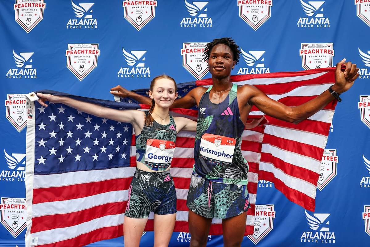 peachtreerr's tweet photo. More history was made at the #ajcprr today. ⭐️

Congratulations to the first-ever AJC Peachtree Road Race Elite High School division winners, Kristopher Strong (⏱️: 33:04) and Georgy Helmers (⏱️37:09) 🎉🎉 https://t.co/kLsrVe1ai6