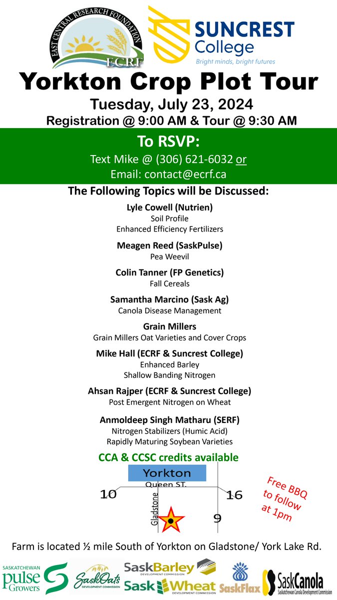 ECRF-Mike Hall (@nesonisto) on Twitter photo Our Research Farm Tour (ECRF/Suncrest College) is July 23rd starting at 9 am. Text me at 306 621 6032 to register. Refer to the poster for further details. Our Research Farm Tour (ECRF/Suncrest College) is July 23rd starting at 9 am. Text me at 306 621 6032 to register. Refer to the poster for further details.