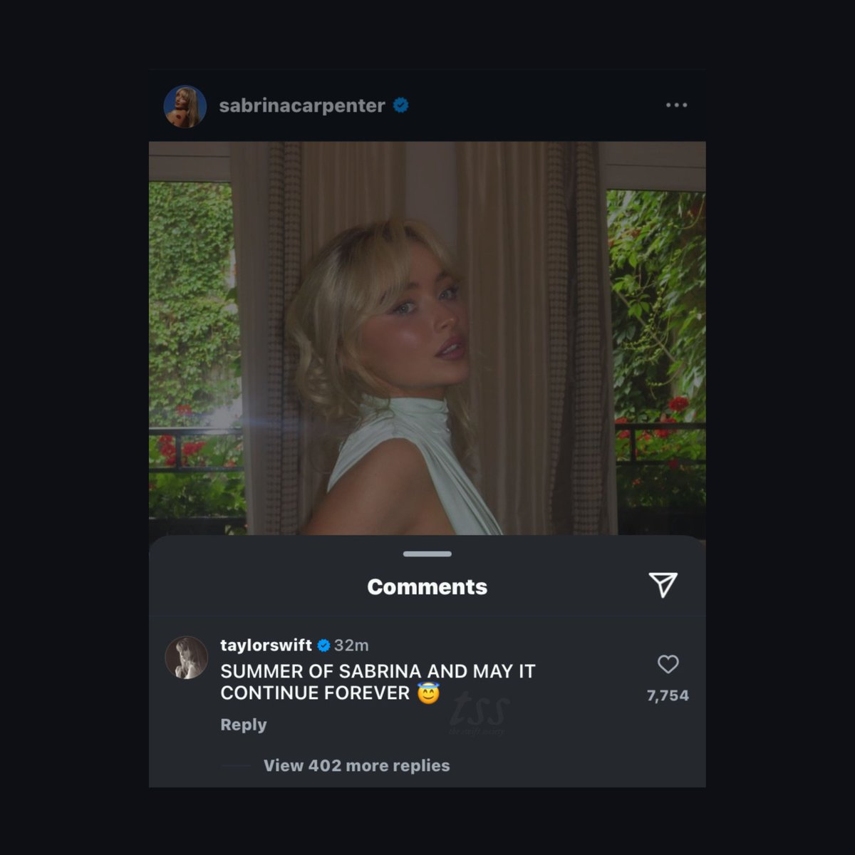 📲| Taylor Swift left a comment on Sabrina Carpenter's post on Instagram recently. 

"SUMMER OF SABRINA AND MAY IT CONTINUE FOREVER 😇"