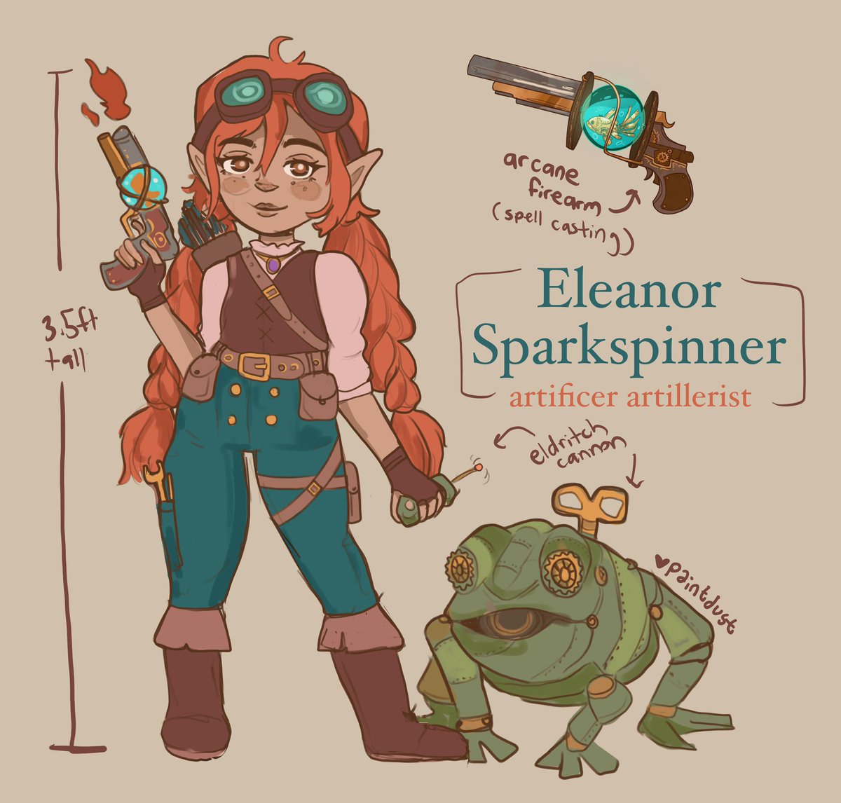 Art Fight is finally what motivated me to draw a full ref sheet for Eleanor! She’s my trusty gnome with zero social skills and all smarts (also yes she has a mechanical frog cannon that hops)
