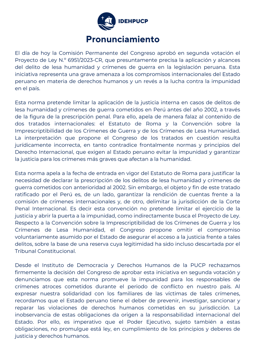 🚨 Hoy la Comisión Permanente del Congreso aprobó la ley que promueve la impunidad para los responsables de crímenes de lesa humanidad cometidos durante el conflicto armado interno. Desde el IDEHPUCP rechazamos rotundamente esta decisión.