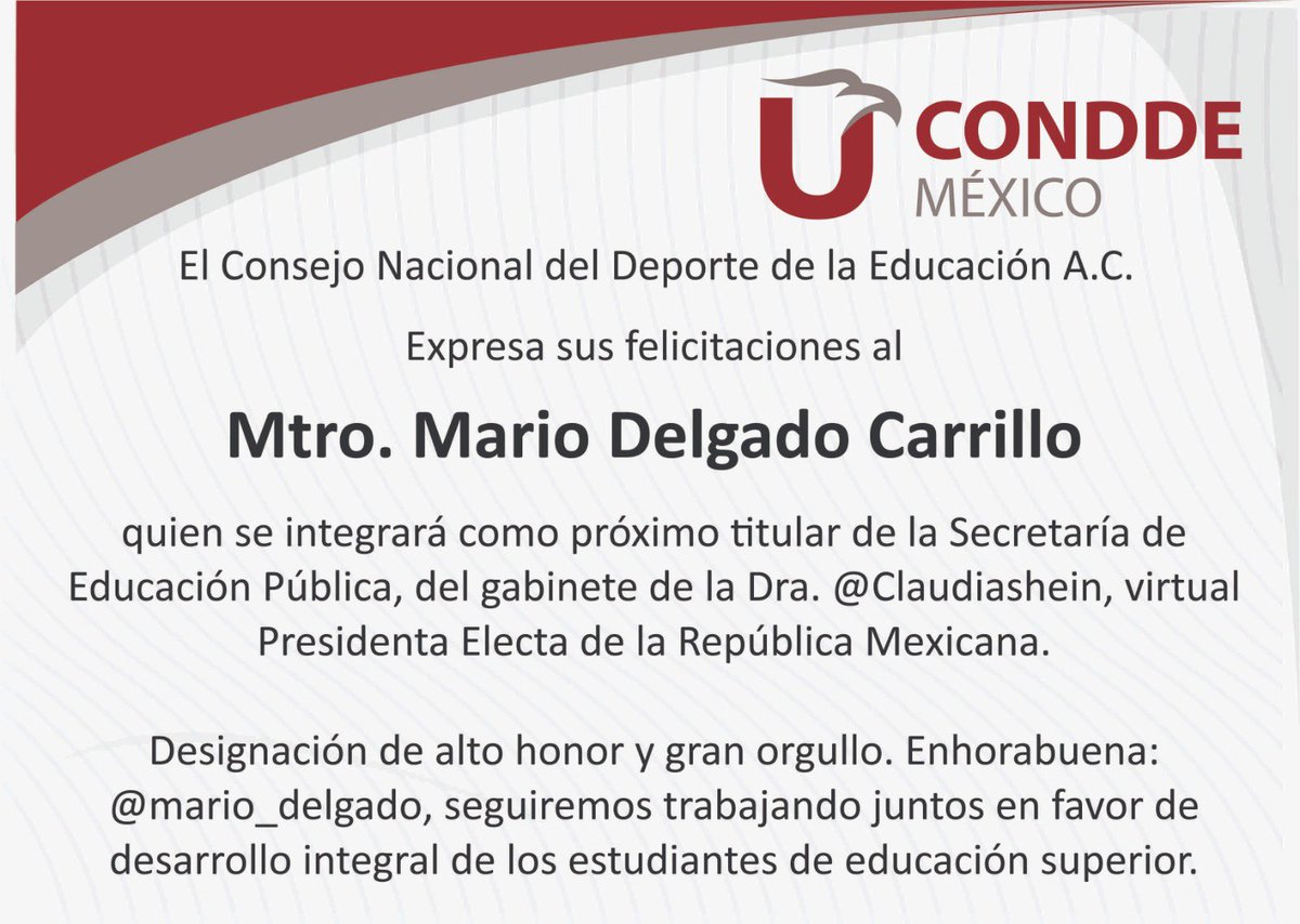 Universiada Nacional (@universiadamx) on Twitter photo Expresamos nuestras más sinceras felicitaciones al Mtro. Mario Delgado Carrillo (<a href="/mario_delgado/">Mario Delgado</a> ) como próximo Secretario de Educación.
¡Designación de alto honor y orgullo!
Nos sumamos al trabajo en conjunto a favor de las y los estudiantes universitarios.⚽️📚
<a href="/SEP_mx/">SEP México</a> Expresamos nuestras más sinceras felicitaciones al Mtro. Mario Delgado Carrillo (<a href="/mario_delgado/">Mario Delgado</a> ) como próximo Secretario de Educación.
¡Designación de alto honor y orgullo!
Nos sumamos al trabajo en conjunto a favor de las y los estudiantes universitarios.⚽️📚
<a href="/SEP_mx/">SEP México</a>