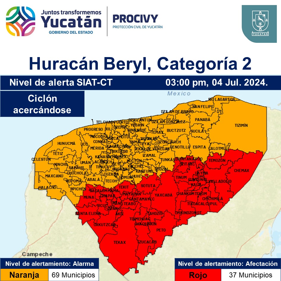 procivy's tweet photo. #AVISO 

ALERTA ROJA 🔴 para los municipios del sur de #Yucatán.

ALERTA NARANJA 🟠 para los municipios del norte de #Yucatán.

Ante la cercanía del #Huracán #Beryl categoría 2, el Sistema Nacional de #ProtecciónCivil ha establecido alertamientos para #Yucatán... (1/2) https://t.co/2D9u79mUw3