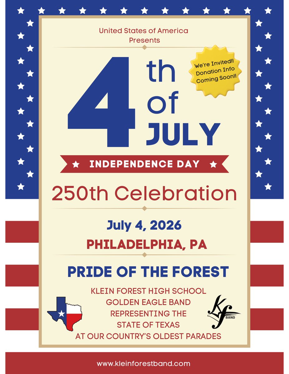Happy 4th of July to all of our Pride of the Forest family and friends!!🇺🇸🇺🇸🇺🇸🇺🇸

If you haven’t heard already, our Klein Forest High School Golden Eagle Marching Band has been invited to represent the State of Texas!!

Go Golden Eagle Band!!!!🦅🔥🇺🇸 #KFtoPhilly2026