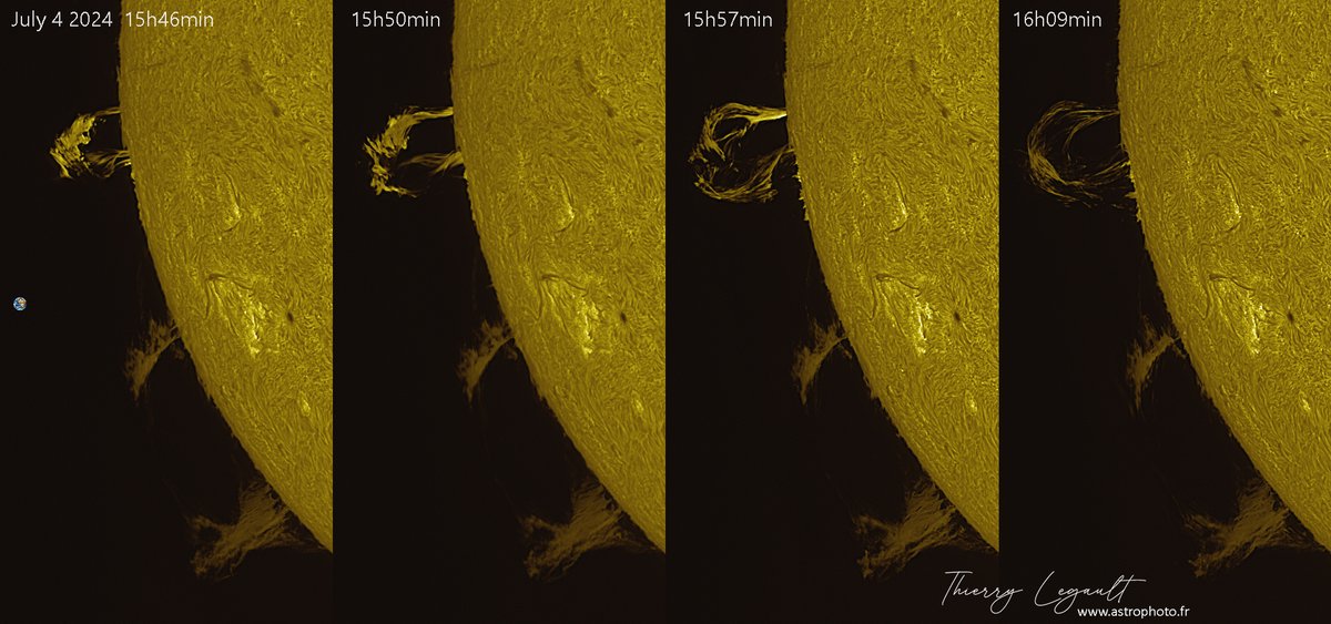 ThierryLegault's tweet image. Exceptional eruptive protuberance today! 馃槏
It exploded within minutes and I had the luck to capture several moments between clouds above Paris 馃槑
Earth to scale at left edge of frame 馃槸
Coronado SM90 DS, Taka FSQ-106 on ZWO AM-5, ASI183MM