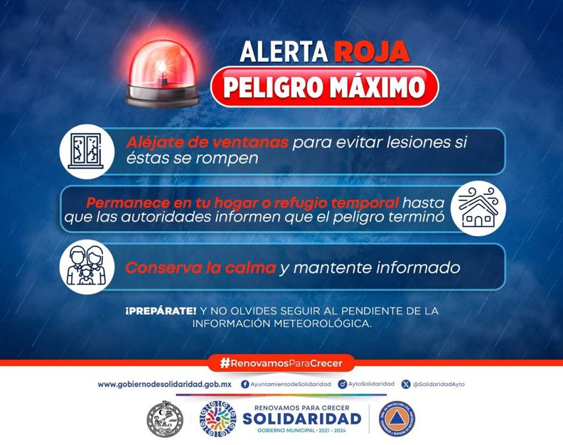 VivoEnPlayaDC's tweet photo. 🚨¡OFICIAL! El gobierno estatal anunció #AlertaRoja para Playa Del Carmen 🚨

Es momento de resguardarnos 🫂🏠
#HurricaneBeryl #QuintanaRoo @VivoEnCancun https://t.co/1VjuuBZzcO