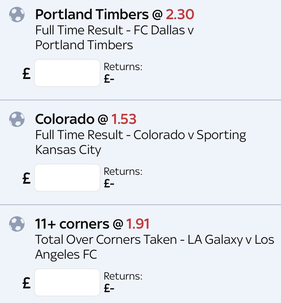 BettingLees's tweet image. MLS TREBLE ⚽️

£20 Returns £134.65 💵

Back our MLS treble on SkyBet and get £30 in free bets 👉bit.ly/SB-30-In-FreeB…

⏰ Starting @ 01:30am!

GOOD LUCK☘️

18+ BeGambleAware