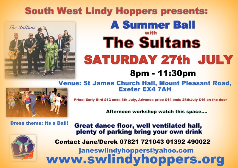 Our next Swing Dance is on the 27th July with The Sultans early bird rate £12 ends 6th July email janeswlindyhoppers@yahoo.com for details. <a href="/UniofExeter/">University of Exeter</a> @Exeter_Hour <a href="/Devon_Exeter/">#ExeterLive</a> <a href="/ExeterLiveBette/">Exeter Live Better</a> <a href="/visitexeter/">Visit Exeter</a>