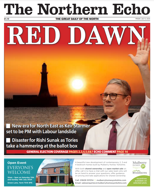 The front page of <a href="/TheNorthernEcho/">The Northern Echo</a> - Friday, July 5, 2024

A Red Dawn

Sir Keir Starmer on course for Downing Street as Rishi Sunak’s term as Prime Minister set to end in electoral disaster

#TomorrowsPapersToday 

#GeneralElection2024