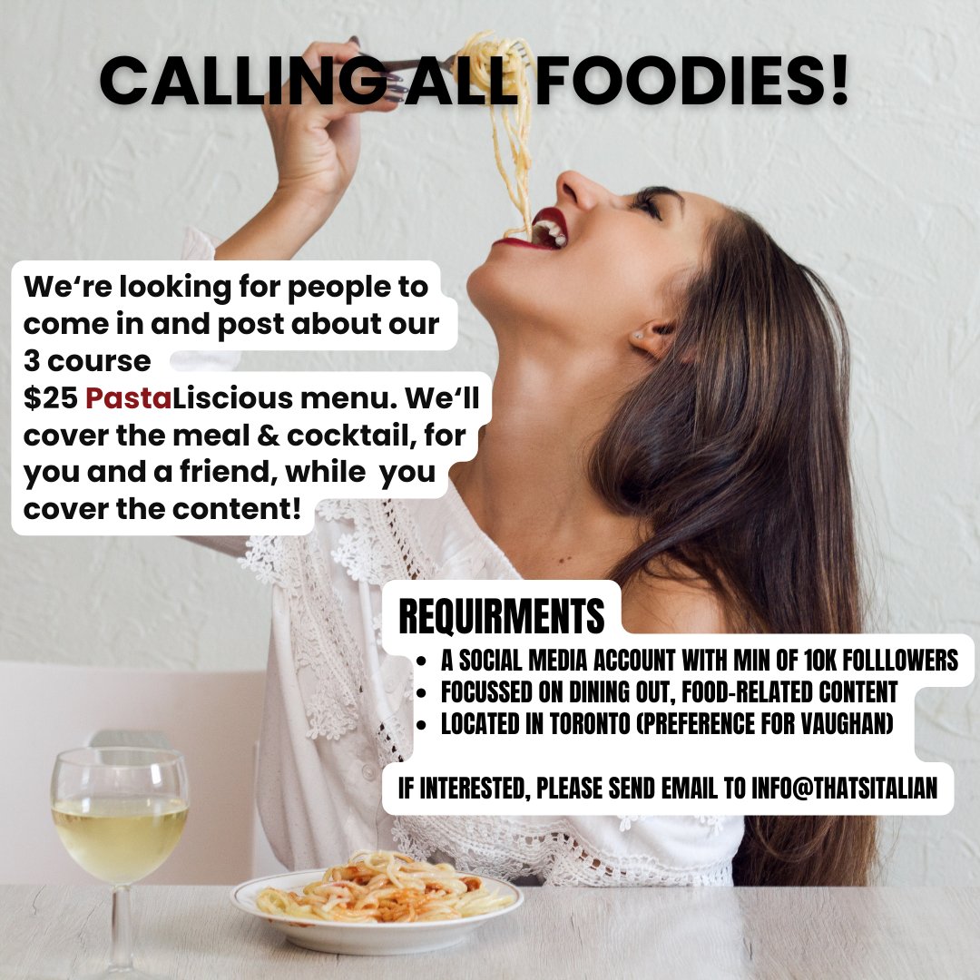 Thats_Italian's tweet photo. Hello media influencers &amp; food bloggers! We at That's Italian Ristorante are reaching out to invite you to try our delicious 3 course $25 PastaLiscious menu.We would love for you to share your experience with your followers &amp; help spread the word about our family-owned business. https://t.co/MdUHSomKgx