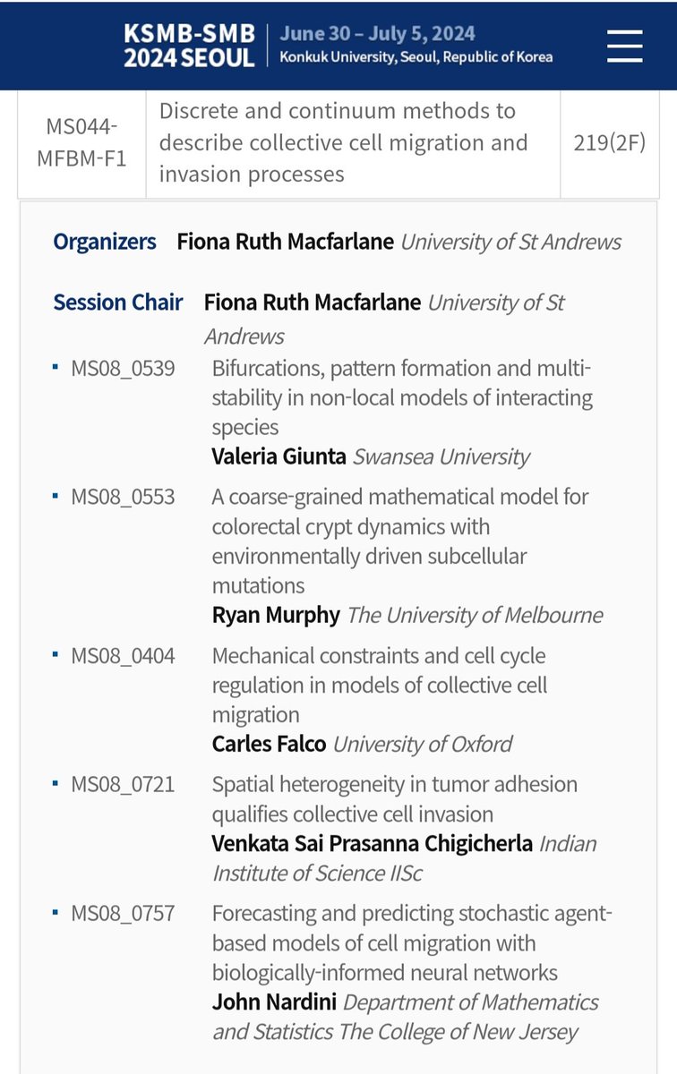 Fiona Macfarlane (@weefifimac) on Twitter photo Looking forward to the final day of <a href="/KSMB_SMB2024/">KSMB-SMB2024</a>! If you have some energy left come along to our minisymposium on collective migration for exciting talks from <a href="/Valeria_Giunta_/">Valeria</a> , <a href="/RyanMurphy42/">Ryan Murphy</a> , <a href="/carles_falco/">Carles Falcó</a> , <a href="/CVS_Prasanna/">C Venkata Sai Prasanna</a> and <a href="/BioMathNard/">John Nardini</a> !
#smb2024 #ksmb2024 Looking forward to the final day of <a href="/KSMB_SMB2024/">KSMB-SMB2024</a>! If you have some energy left come along to our minisymposium on collective migration for exciting talks from <a href="/Valeria_Giunta_/">Valeria</a> , <a href="/RyanMurphy42/">Ryan Murphy</a> , <a href="/carles_falco/">Carles Falcó</a> , <a href="/CVS_Prasanna/">C Venkata Sai Prasanna</a> and <a href="/BioMathNard/">John Nardini</a> !
#smb2024 #ksmb2024