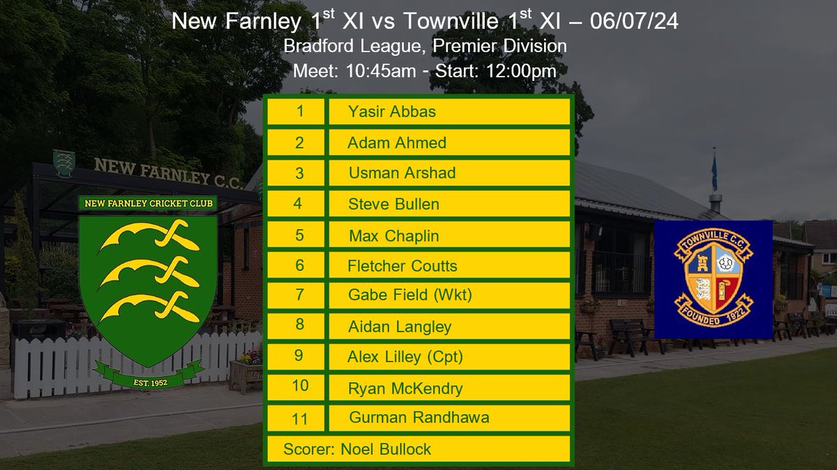 NewFarnleyCC's tweet image. Saturday's teams to face @TownvilleCCX1 and @BOLCC1 in the @bclcricket and @CookridgeCC in the @dalesccl #AFAW

@CoorsBeer and @carling will be £3.00 a pint and 2 bottles of @BudweiserUK is only £5.00 from 4:30pm for the @England vs @nati_sfv_asf Quarter-Final in @EURO2024 #AEAW