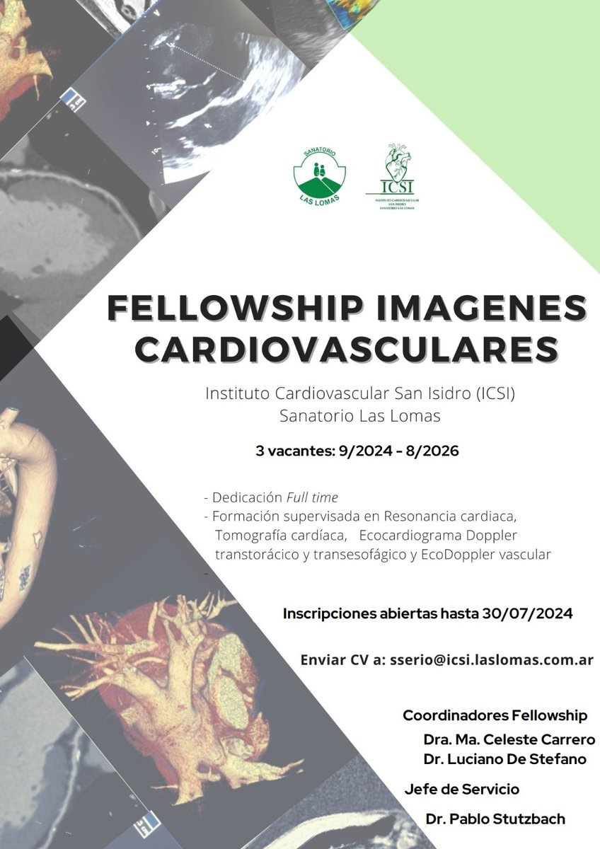 🗓️Inscripciones abiertas
Fellowship Imágenes Cardiovasculares 
📍Sanatorio Las lomas
3️⃣ vacantes
🤓Dedicación full time 2 años
Mas info👇🏼