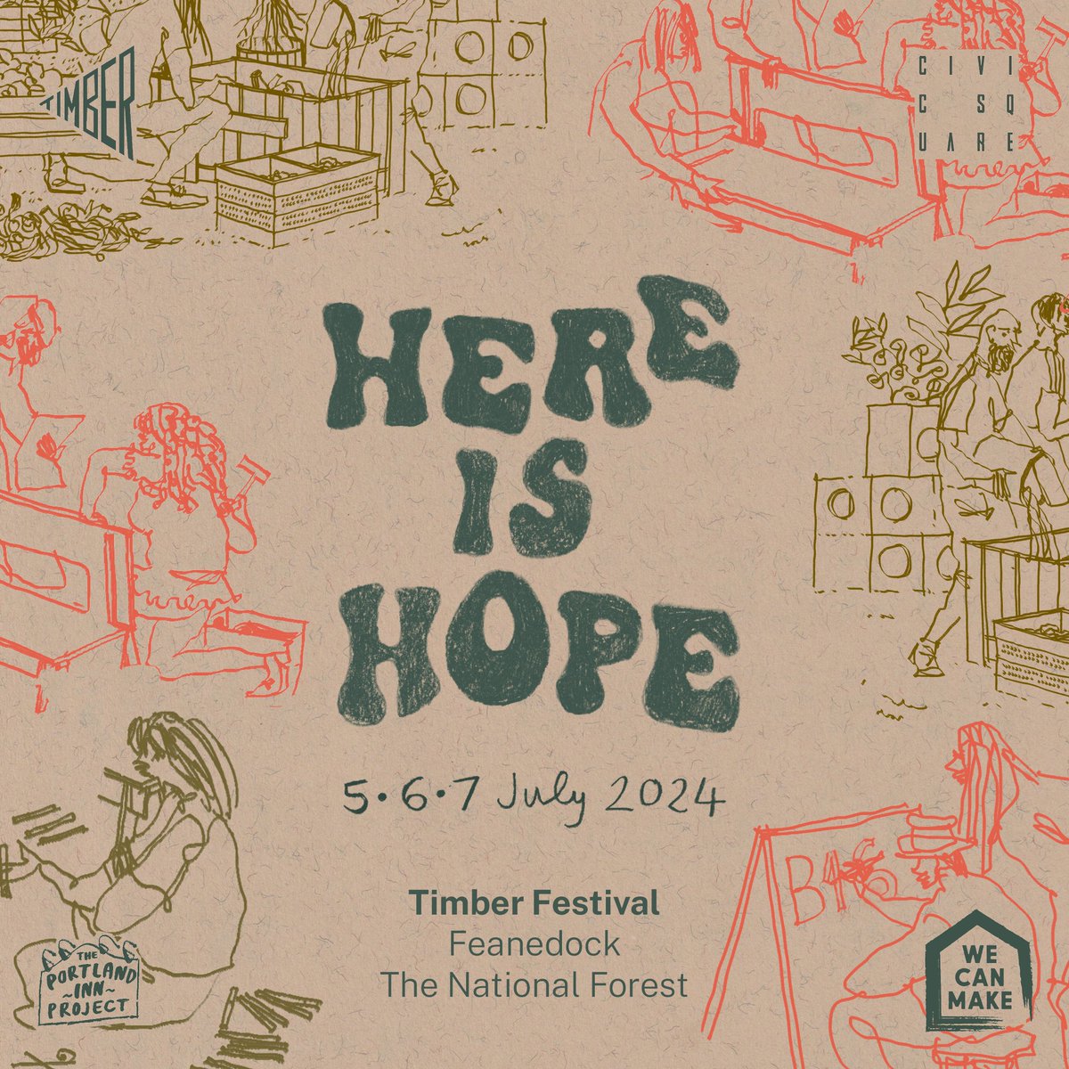 When @_wildrumpus invited us to host the Here is Hope area of @timber_festival, we knew we wanted to do it with friends. Join Portland Inn Project, <a href="/WeCanMakeHomes/">WeCanMake</a> + <a href="/CIVIC_SQUARE/">CIVIC SQUARE</a> as we bring together artists, practitioners, and imagineers from neighbourhoods across the country.
