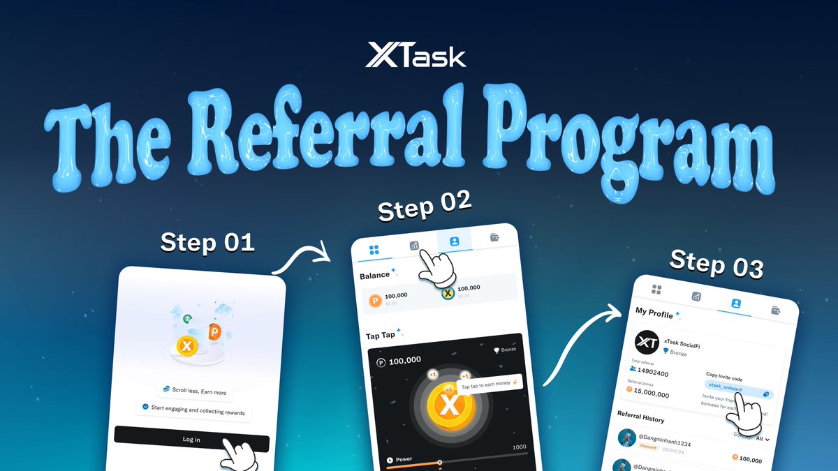 xtask_xyz's tweet photo. Start referring friends and watch the rewards pile up!

🔗 Easy Steps:

🌟Refer Friends: Share your unique referral link.

🌟Earn Rewards: Earn 5,000 tPOINTs for each friend who joins.

🌟Friends Benefit Too: Your friend gets 10,000 tPOINTs upon joining. https://t.co/cwuVpye1sT