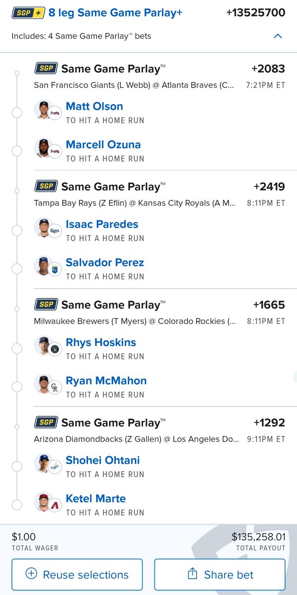 LuckySportPick's tweet photo. Got a few plays for this evening slate! Mega, 2 x 4HR, and SGP HR for Atlanta Vs SF. Good Luck To Us All!
Links in comments.
#NoStrategy #IfWeWinWeWin
#MLB #MLBParlay #LuckyRandomSportsPicks #SportsPicks #EmbraceTheRandom #MLBSportsPicks #Lucky https://t.co/Xga9oaRZi7