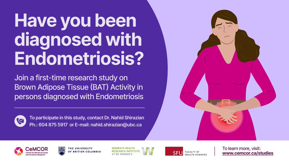 Paul Yong (@drpaulyong) on Twitter photo New study recruiting about brown adipose tissue (BAT) activity in #endometriosis. Collaboration between researchers <a href="/UBC/">University of British Columbia</a> (@pelvicpainendo and <a href="/cemcornews/">CeMCOR</a>) and <a href="/SFU/">Simon Fraser University</a> (evolutionary biology). See below for more information to participate! New study recruiting about brown adipose tissue (BAT) activity in #endometriosis. Collaboration between researchers <a href="/UBC/">University of British Columbia</a> (@pelvicpainendo and <a href="/cemcornews/">CeMCOR</a>) and <a href="/SFU/">Simon Fraser University</a> (evolutionary biology). See below for more information to participate!