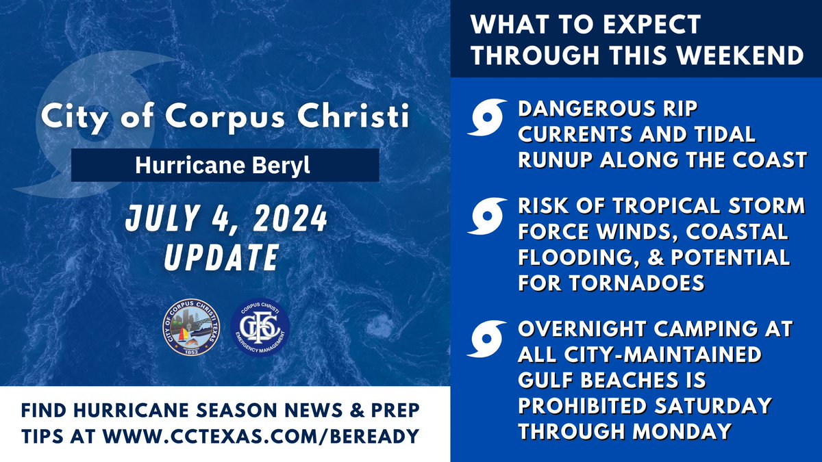 cityofcc's tweet photo. The City of #CorpusChristi has received the latest update on Hurricane #Beryl from the @NWSCorpus. Recent trajectory models have shown that it has shifted northward, increasing the likelihood of impact on the Southern Texas coast. Learn more at https://t.co/Akd40Yc99G. #BeReadyCC https://t.co/9MfERjrxYq