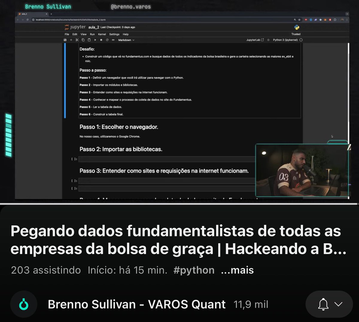 Como puxar dados fundamentalistas de ações com Python?

Aula ao vivo no YouTube 👇

Quem quiser assistir, dá um RT e deixa um comentário que eu envio o link na DM.