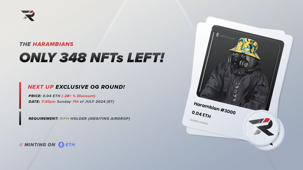 RambeGames's tweet photo. Harambians! The OG Round is here! 🙌 

RIPH holder's this is your exclusive opportunity to secure your unique Harambians! Stabilise your cryopod and prepare for the $RAMBE airdrop! 🚀

📅 - Opens 7:30pm Sunday ET
💰 - 0.04 ETH
🔐 - Whitelisted wallets - RIPH Holders https://t.co/py7R0qGsaX