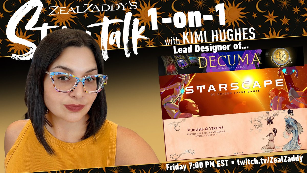 ZealZaddy's tweet photo. Friday 7/5, 7 PM ET join Kimi Hughes (@GoldenLassoGirl) of @goldenlassoRPGs & @happyjacksrpg as we discuss their NEW Kickstarter (launching 07/09), #Decuma & Virgins & Vixens, game design, and creating in the #TTRPG industry.
https://t.co/pU5M3HybTf
#StoryTalk #DnD #DnD5e https://t.co/fXoWrBRp2S