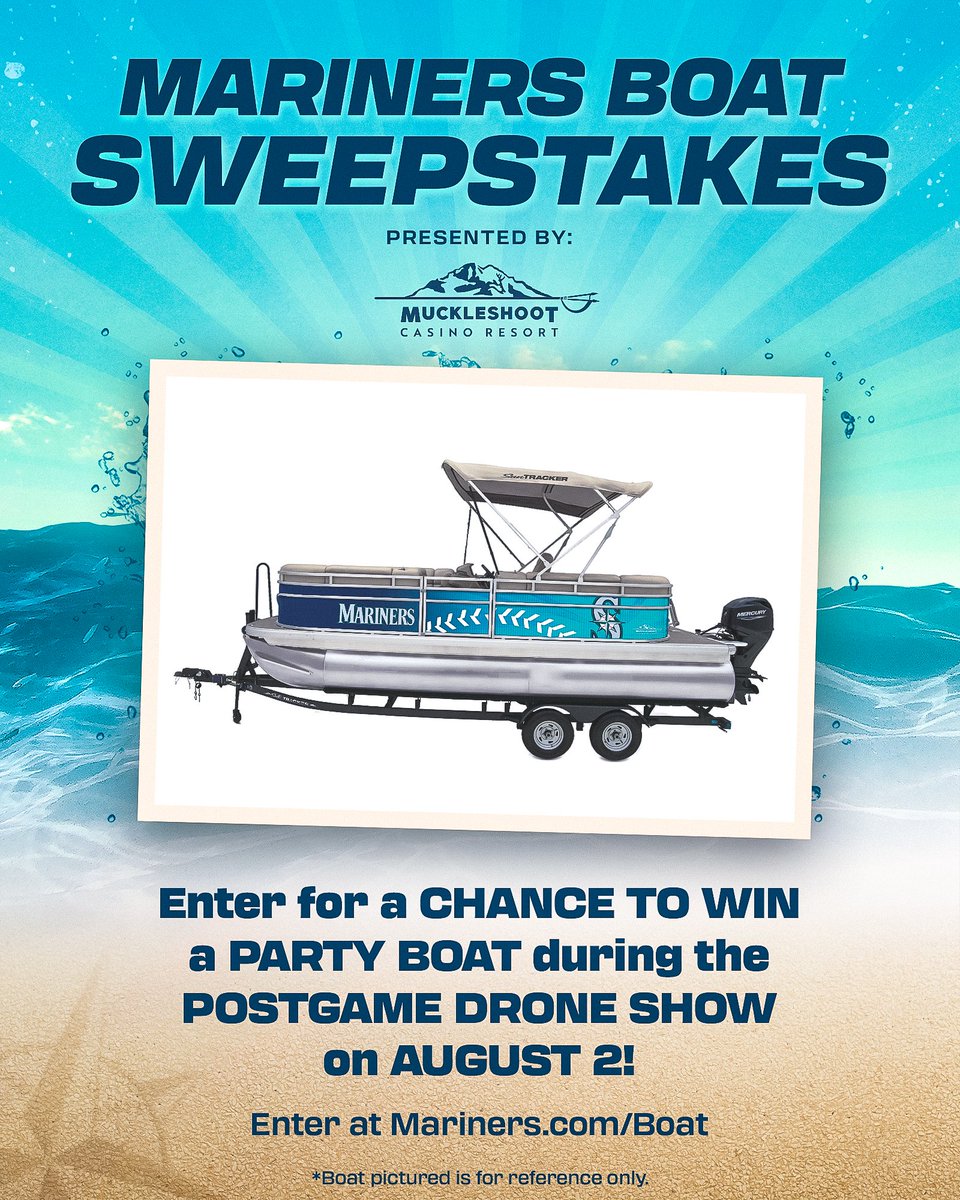 Mariners's tweet photo. It’s boating szn 🛥️

Now’s your chance to win your very own party boat, thanks to our friends at @Muckleshoot_C! Enter to win 2️⃣ tickets to our game on August 2 and you can participate in the grand prize drawing during our postgame drone show.

🔗 https://t.co/2wuHXSSd3w https://t.co/Vz07to6vmP