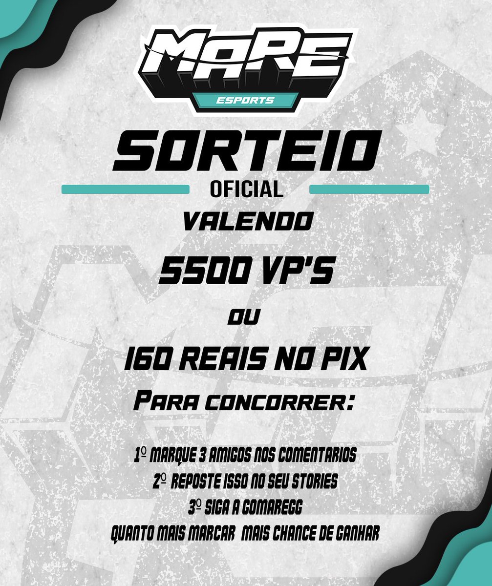 Sorteio OFICIAL da MARE e-Sports

1- Marque 3 amigos aqui nesse tweet.
2- Repost essa publicação.
3- Siga a <a href="/gomaregg/">Mare e-Sports 🌊</a>

Resultados: Dia 14/07 em nosso Discord.
discord.gg/XvsQYs4cjU
#gomaregg #VALORANT #sorteio
