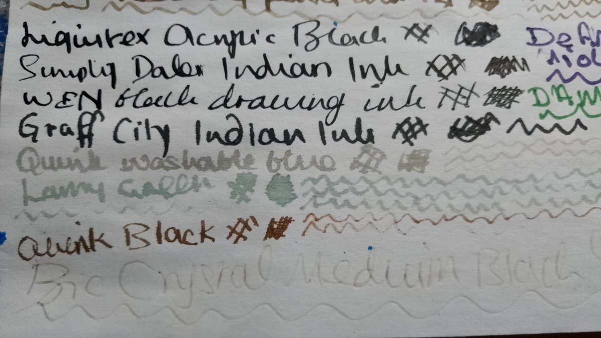 ZadenZane's tweet image. Found my #fluorescent paint #lightfastness tests in the window from March. Purple has almost disappeared, green is on the way out. I scribbled every pen &amp;amp; ink I could find. Blue and green fountain pen ink is disappearing. Black Bic ballpoint has gone. In just 15 weeks!
#lightfast