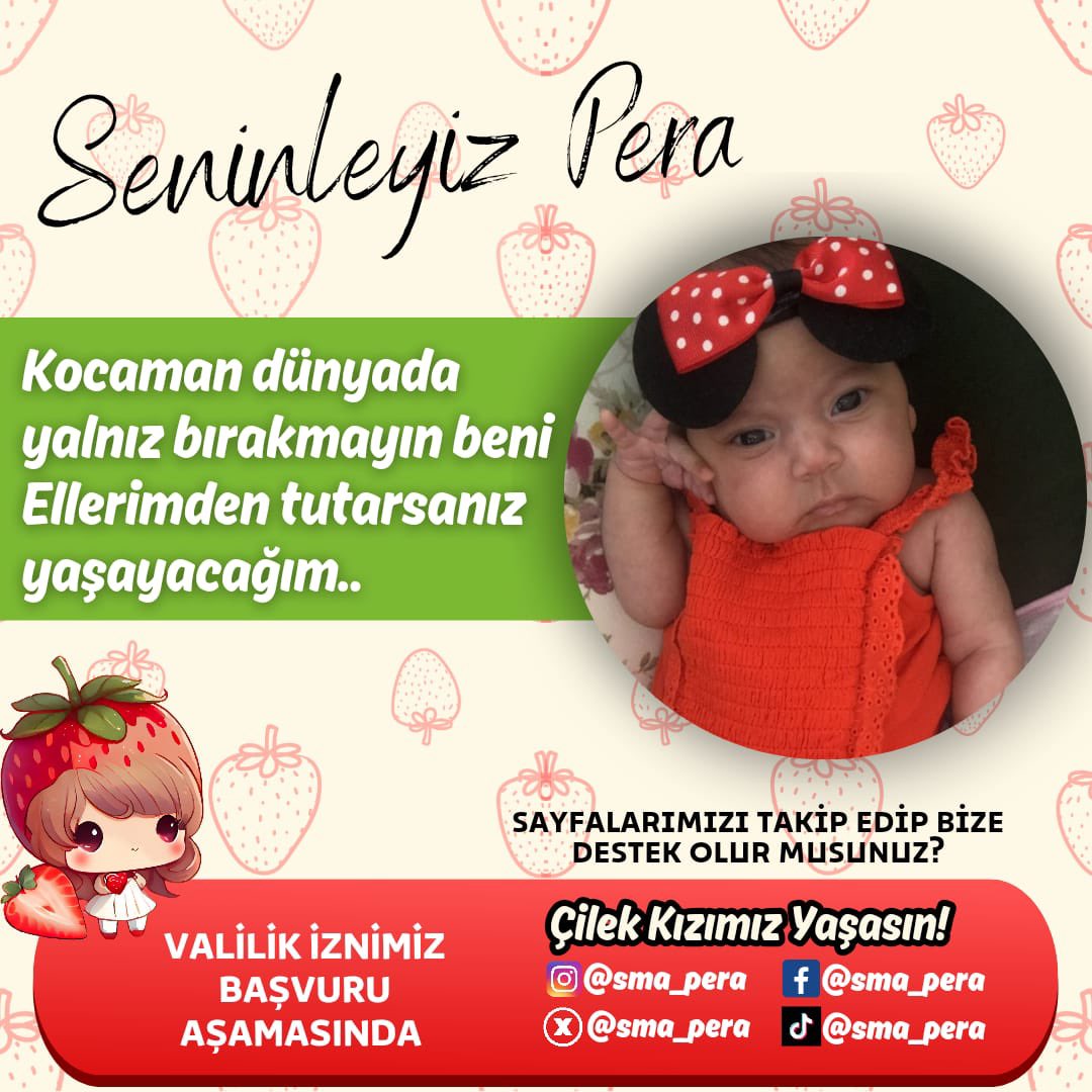 Lütfen sizlerde Pera'ya desteklerinizi esirgemeyin 🌸🍓 

Pera SMA TIP-1 KAS HASTASI ve bu hastalığın tek tedavisi yurt dışındaki ZOLGENSMA ilacı  🌸🍓

      🌸 Ben seninle güçlüyüm 🌸
     🤜🤛 Pera seninle güçlü 🤜🤛  

#seninleyizpera🍓
#smadegilperakazanacak🍓