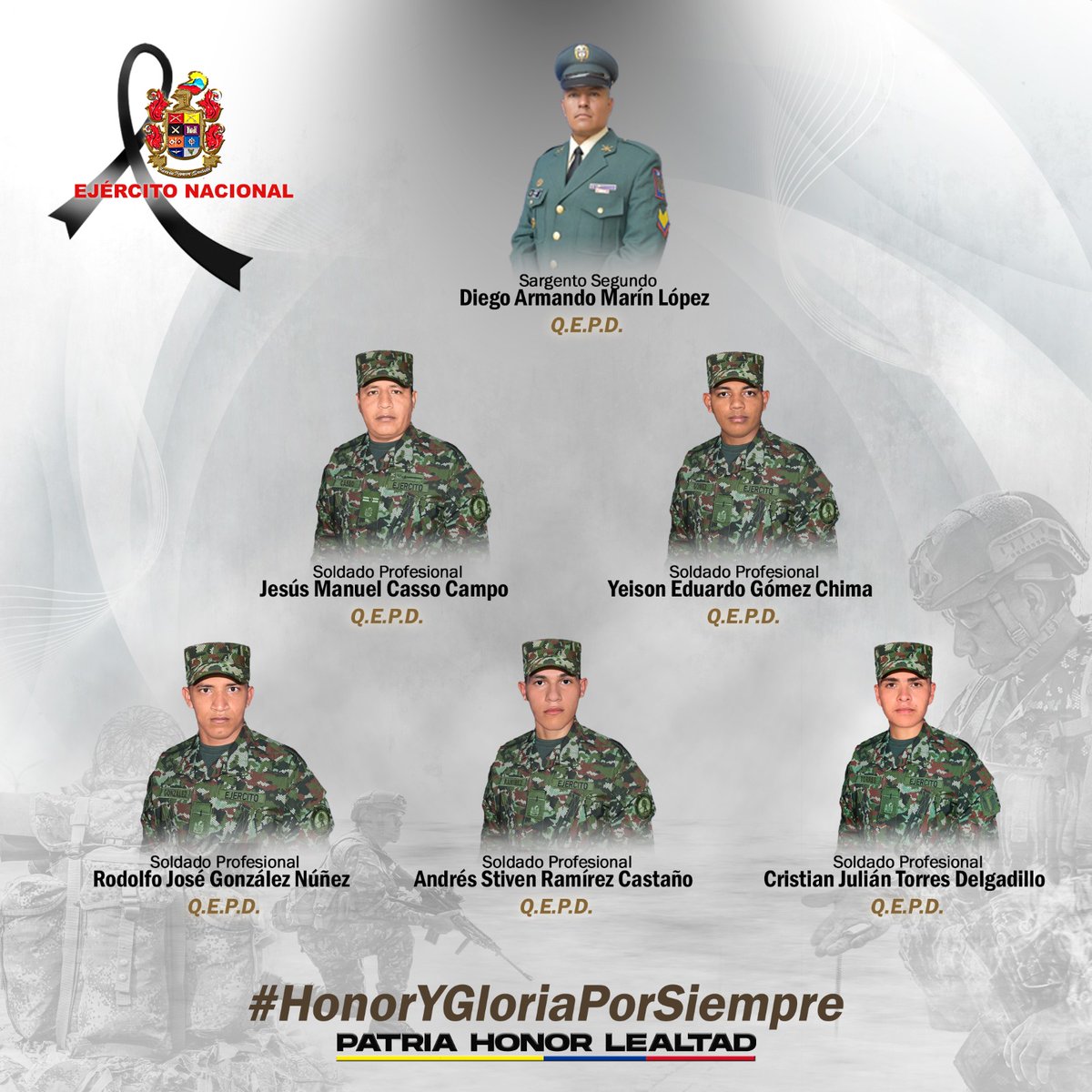 COL_EJERCITO's tweet photo. Rechazamos el vil asesinato de seis de nuestros soldados que cumplían con la misión de proteger a los habitantes de Valdivia, #Antioquia, quienes fueron atacados cobardemente mediante la activación de un área preparada con artefactos explosivos por el EMC. (1) https://t.co/umw9RLMd1J